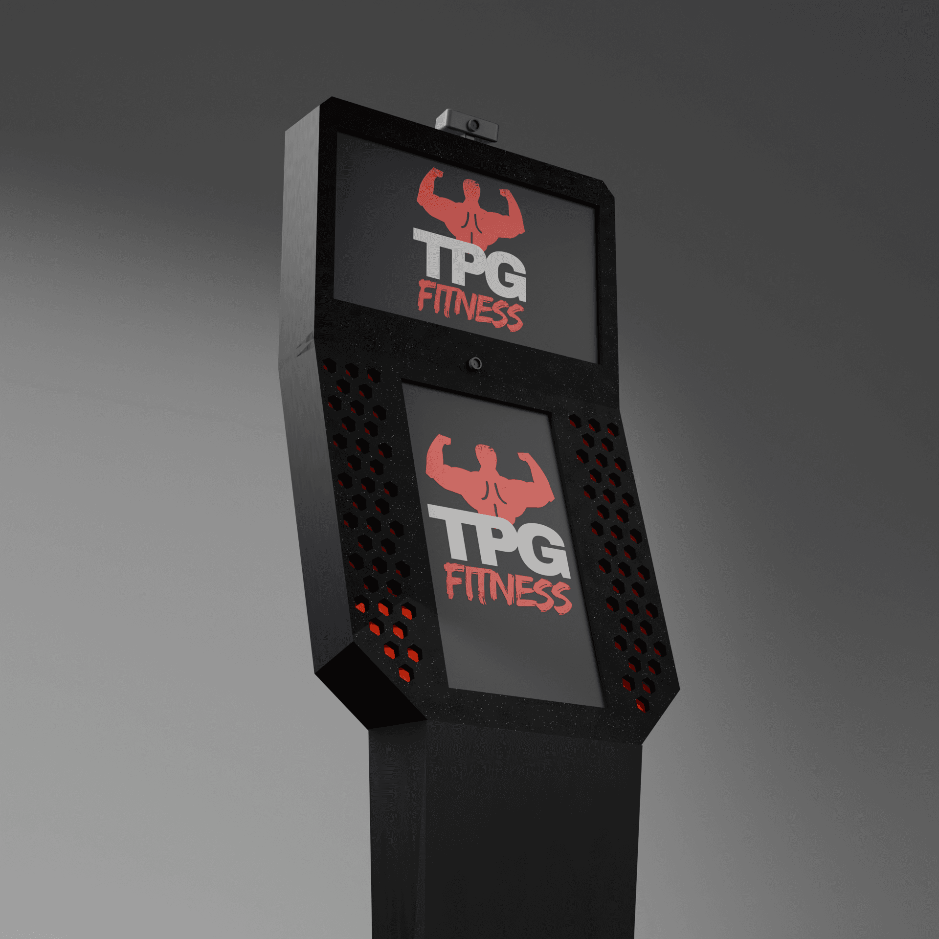 The TPG Fitness kiosk — dual screens with camera for form tracking